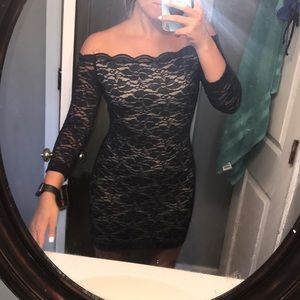 Off the shoulder navy lace dress